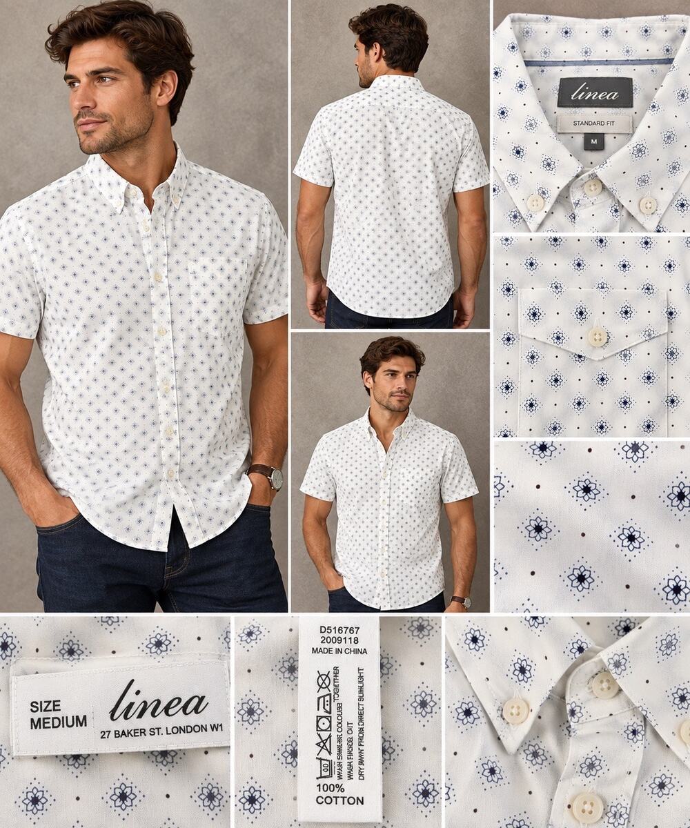 Linea Mens White Blue Geometric Floral Print Cotton Short Sleeve Shirt M